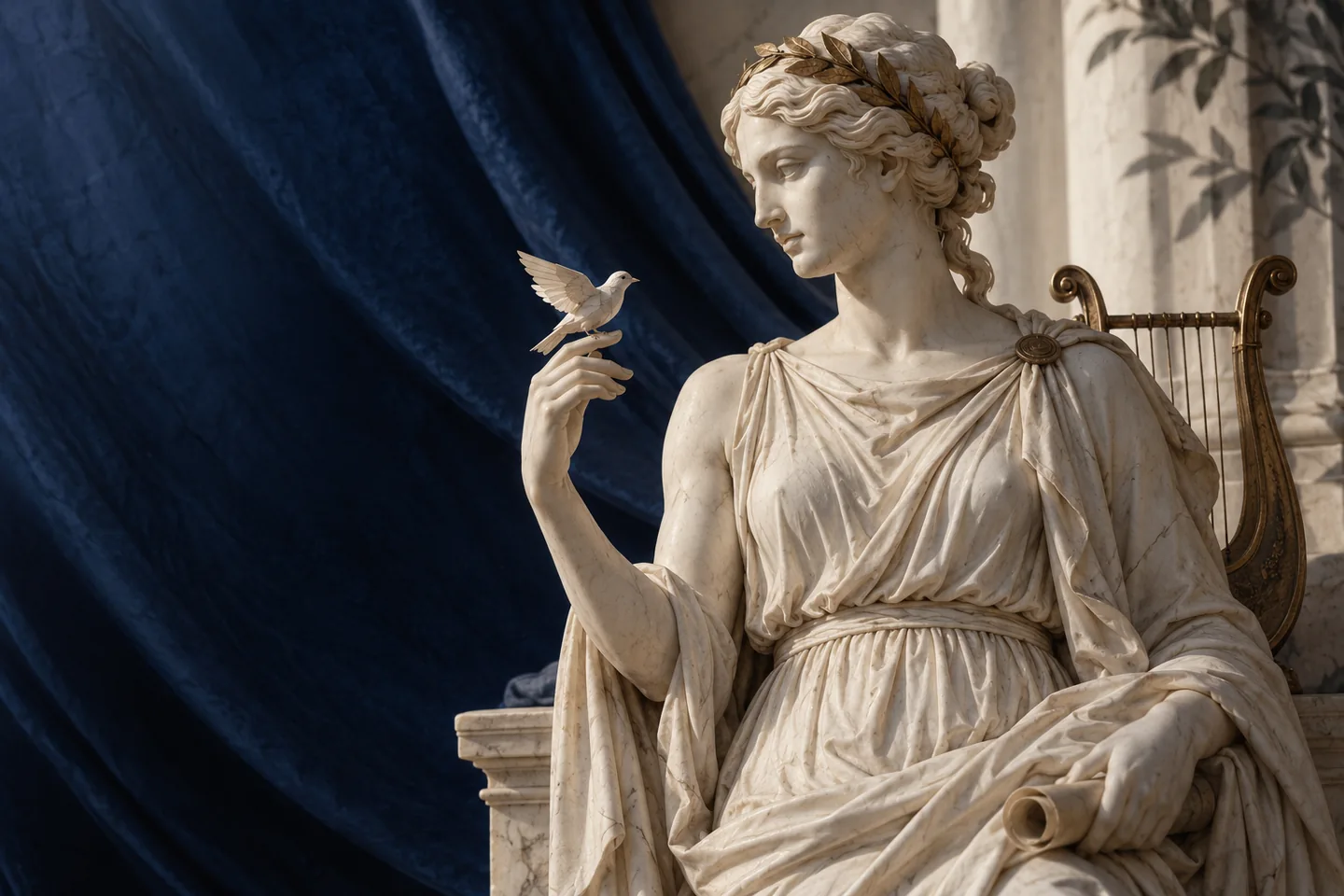 A marble Muse with a lyre and a paper bird against cobalt silk